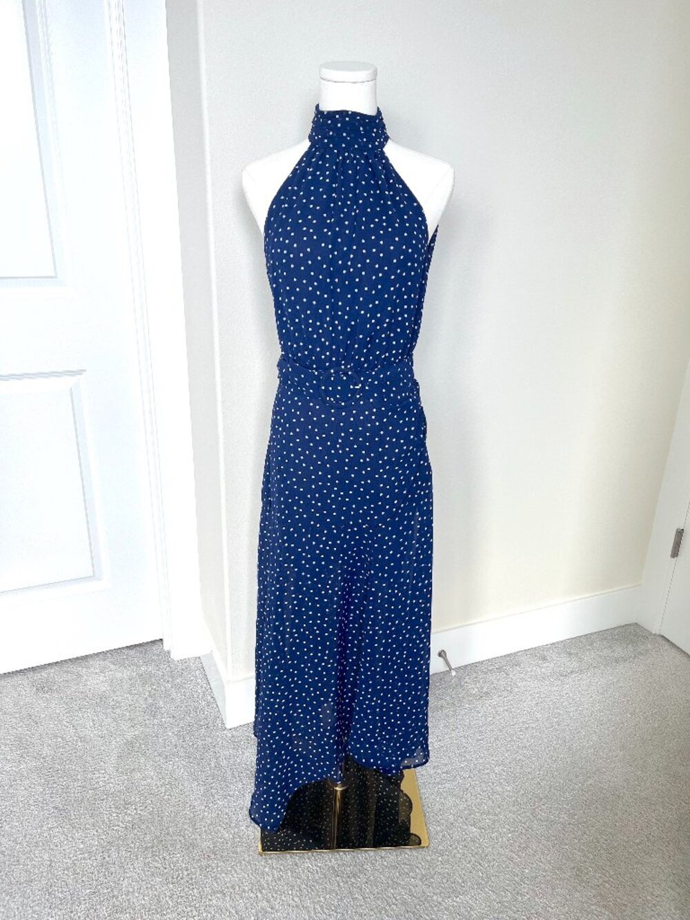 Mango Navy Blue Polka Dot Belted Halter Neck Midi Dress - Size 4